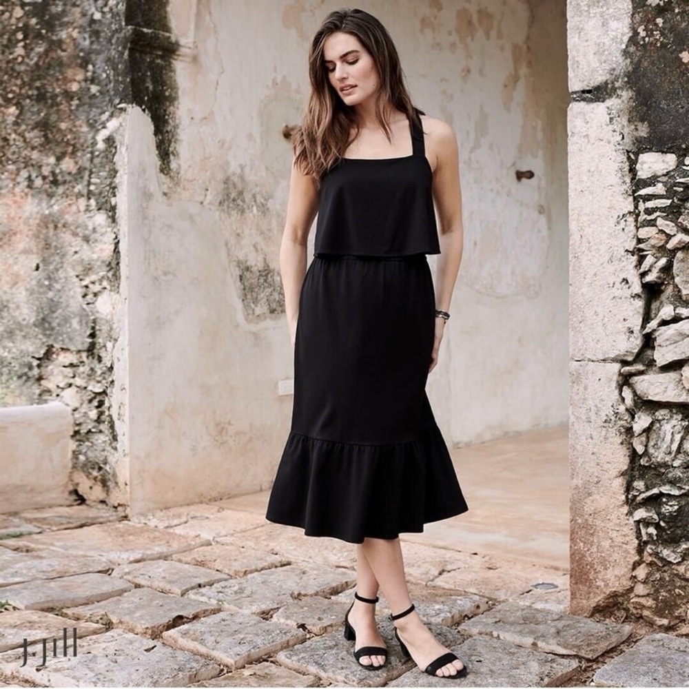 J Jill Black Tiered Cross Back Strap Tiered Sleeveless Midi Dress Medium